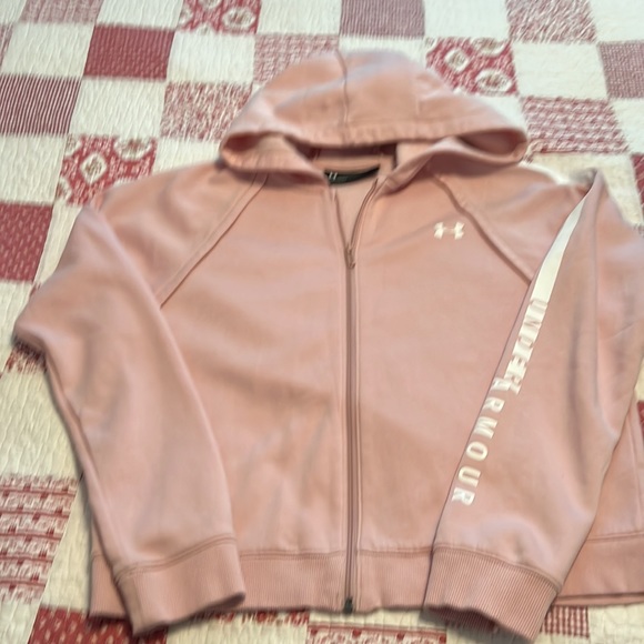 LADIES PINK HOODED UNDER ARMOUR ZIP FRONT JACKET SIZE LG LOOSE FIT VERY GOOD - Picture 5 of 8